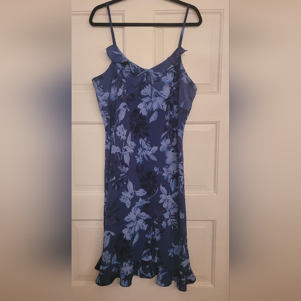 Lisa Jo Blue Floral Adjustable Spaghetti Strap Ruffle String Neck Dress